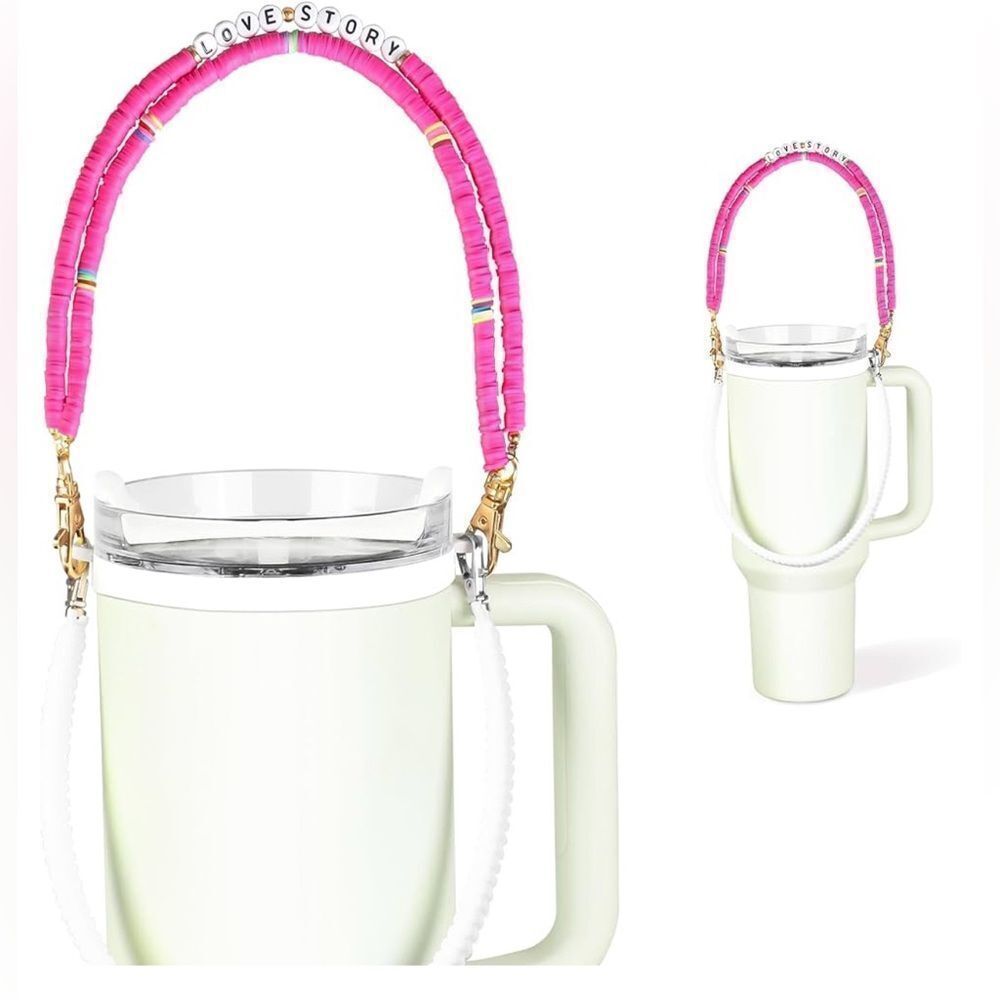 Hot Pink Stanley Cup Holder with strap with love Story spelled out.